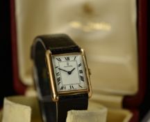 Mappin & Webb Cartier style 9ct gold gentleman's wristwatch with black hands and Roman numerals,