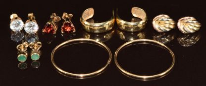 Six pairs of 9ct gold earrings including emerald, garnet, hoops, etc, 7.3g