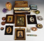 Japanese inlaid puzzle box and Japanese fan in lacquer box, Russian lacquer boxes, 19thC