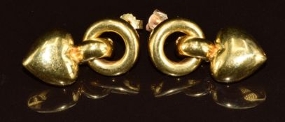 A pair of 9ct gold earrings in the form of a circle with heart drop section, 7.5g