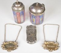 Pair of Elizabeth II hallmarked silver bottle tickets for Sherry and Whisky, London 1969, maker