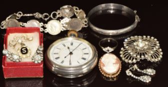 A 9ct gold brooch set with a cameo and silver items including pocket watch, bangle, coin bracelet,