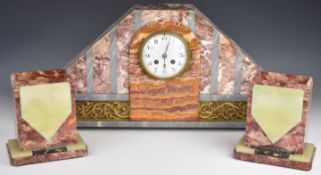 Art Deco marble clock garniture with brass / ormolu fretwork decoration, the two train movement