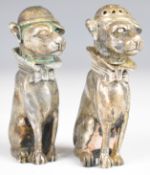 Novelty silver salt and pepper formed as dogs wearing hats and bow ties, marked 925 to bases, height