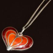David Andersen Norwegian silver heart pendant set with red enamel, on silver chain, 9.6g, 3 x 2cm,