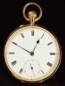 Unnamed 14ct gold keyless winding open faced pocket watch with blued hands, black Roman numerals,