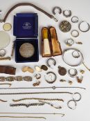 A collection of jewellery including Mexican silver bracelet set with abalone, silver items including