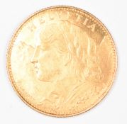 Swiss 1913 10 Franc Helvetia gold coin, 3.22g 0.900
