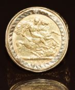 A 9ct gold ring set with an 1894 half sovereign, 9.4g, size N
