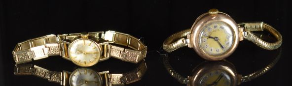 Two 9ct gold ladies wristwatches Cyma with gold hands and hour markers and silver dial, on 9ct