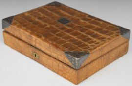 Victorian hallmarked silver mounted crocodile skin leather fitted jewellery or games box with four