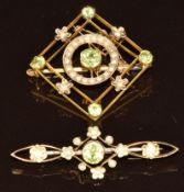 Two Edwardian 9ct gold brooches set with peridot and seed pearls, 5.8g