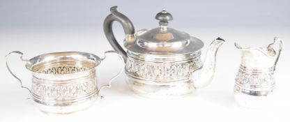 Edward VII hallmarked silver bachelor's tea set, comprising teapot, sugar bowl and milk jug,