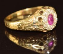 Victorian ring set with an oval cut pink sapphire surrounded by old cut diamonds, 3.9g, size G