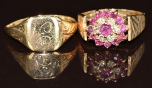 A 9ct gold signet ring and 9ct gold ring set with diamonds and rubies, size Q & O, 4.1g