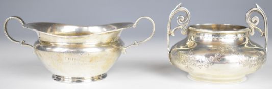 Two Edward VII hallmarked silver twin handled sugar bowls, width of larger 14cm, weight of both