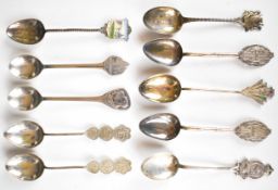Hallmarked and other silver souvenir spoons together with two Belgian or similar spoons and an Art