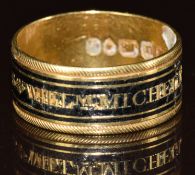 Georgian 18ct gold mourning ring set with black enamel inset with gold text reading 'William Michell