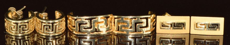 Three pairs of 14k gold earrings all with Greek key decoration, 8.7g