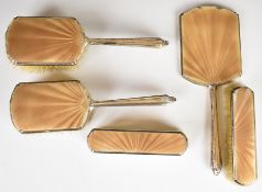 Art Deco hallmarked silver and pink guilloché enamel dressing table set comprising hand mirror and