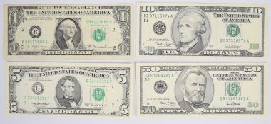 Four United States of America 1977-2003 banknotes including a very high-grade 2001-dated Grant $50