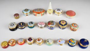 Halcyon Days and other enamel boxes, Crummles pin cushion and a Royal Worcester owl candle