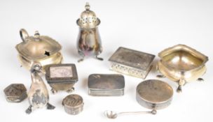 Hallmarked and other silver items including three piece cruet set, five pill or similar pots,