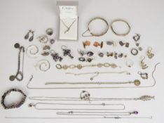 A collection of mainly silver jewellery including Art Nouveau silver earrings set with amethysts,