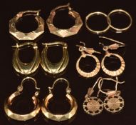 Five pairs of 9ct gold earrings including hoops, faceted, etc, (5.8g) and a pair of 18ct gold hoop