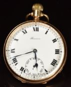 Record Watch Co Renown 9ct gold keyless winding open faced pocket watch with blued hands, black