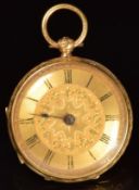 Unnamed 18ct gold open faced pocket watch with blued hands, black Roman numerals, engraved gold dial