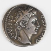 Roman silver Denarius of Augustus 27 BC - 14 AD, laureate head right Temple of Mars Ultor, rev