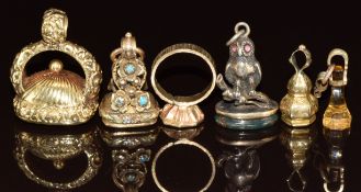 Five Victorian intaglio seals set with carved amethyst, citrine, bloodstone and smoky quartz and a