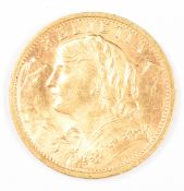 Swiss 1908 20 Franc Helvetia gold coin, 6.45g 0.900