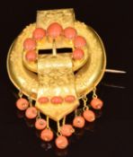 Victorian Etruscan Revival brooch in the form of a buckle with floral decoration and applied wire