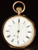 R Thompson 9ct gold keyless winding open faced pocket watch with gold hour and minutes hands,