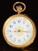 Unnamed 18ct gold keyless winding open faced pocket watch with gold hands, blue Arabic numerals,