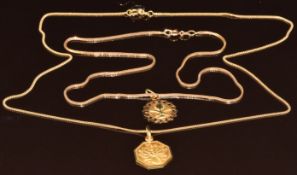Two 18k gold pendants, one on 18k gold chain (50cm, 9.8g) the other on 9ct gold chain (2.8g, 42cm)
