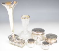Hallmarked silver mounted and similar items to include trumpet vase, trinket pot, dressing table