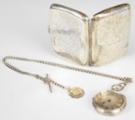 Hallmarked silver cigarette case, length 8cm, hallmarked silver Albert chain and a pocket watch, the