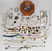 A collection of jewellery including 9ct gold pearl stud earrings, watch keys, silver items including