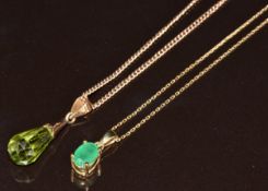 A 14k gold pendant set with a briolette cut peridot (1.4g) on 9ct gold chain and a 9ct gold