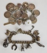 Two silver charm bracelets with nineteen silver charms including football, car, horse, horseshoe,