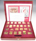 Hallmark Replicas Empire Replicas cased set of 25 hallmarked silver gilt replica stamps, weight of