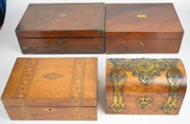 Victorian brass mounted walnut two division tea caddy, rosewood and Tunbridgeware boxes, etc the