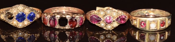 A 15ct gold ring set with paste and seed pearls (1.7g, one stone missing, size O, Chester 1876)