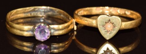A 22ct gold ring with a heart set with a pearl engraved 1900 (1.6g) and a yellow metal ring (