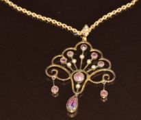 Edwardian 9ct gold pendant set with amethysts and seed pearls on 9ct gold chain, 7g, 41cm, 3.4 x