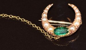 Victorian crescent brooch set with a foiled tourmaline and split pearls, 2.9g, 2cm