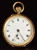 Unnamed 18ct gold keyless winding open faced pocket watch with blued hands, black Roman numerals,